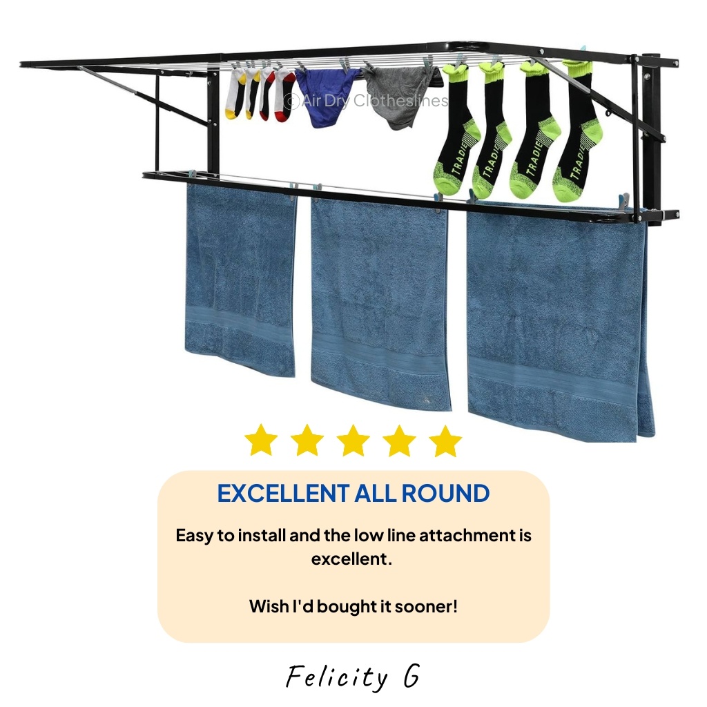 Air Dry Single Clothesline open with Low Line attachment and clothes on it